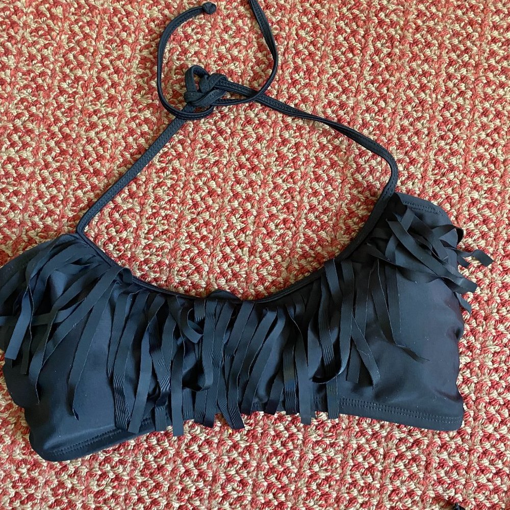 Black Bikini Bathing Suit Fringed Top - NWOT